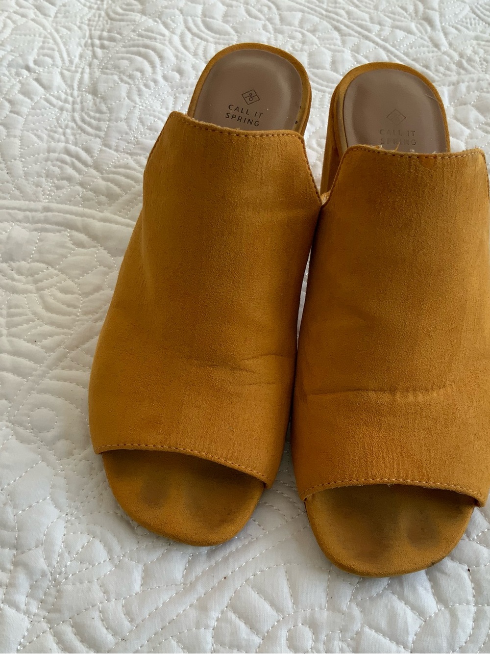 Call It Spring Women's Vegan Suede Open-Toe Mule in Mustard Yellow